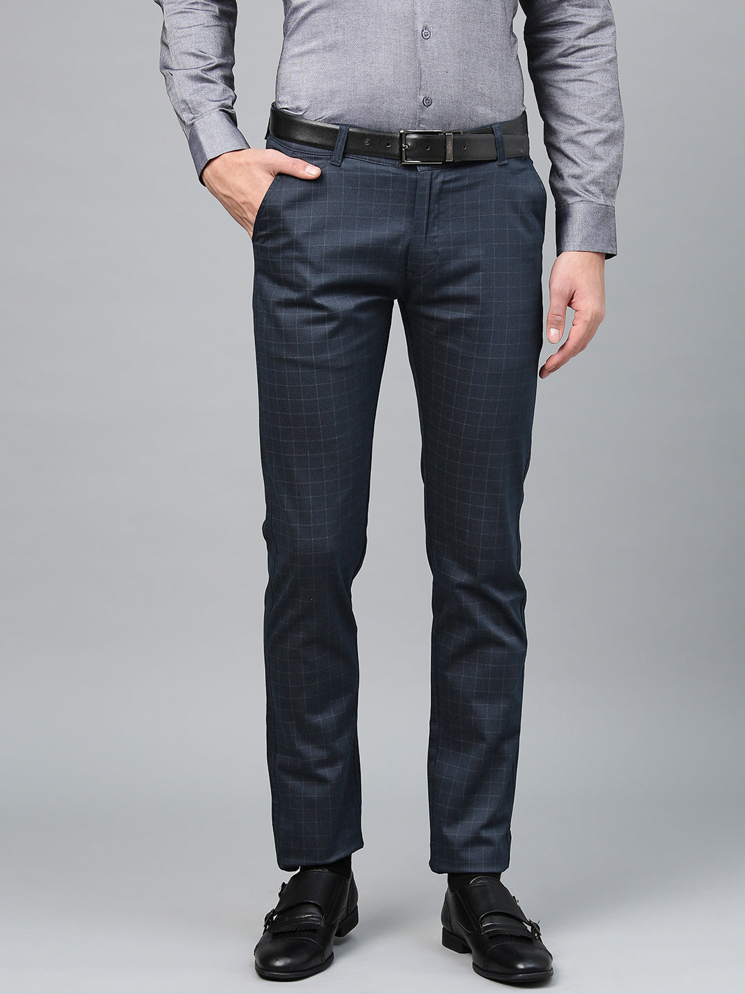Men Navy Cotton Checked Slim Fit Casual Trouser