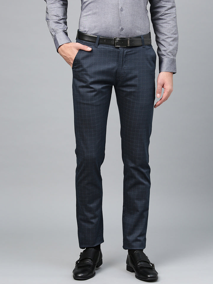 Men Navy Cotton Checked Slim Fit Casual Trouser