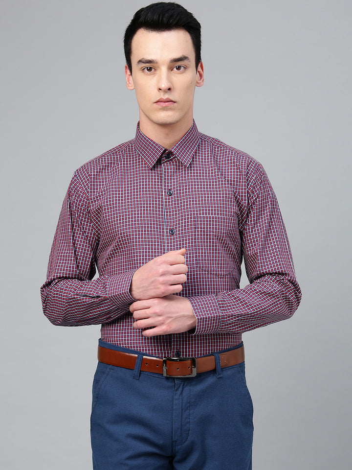 Men Navy & Red Pure Cotton Checked Slim Fit Formal Shirt