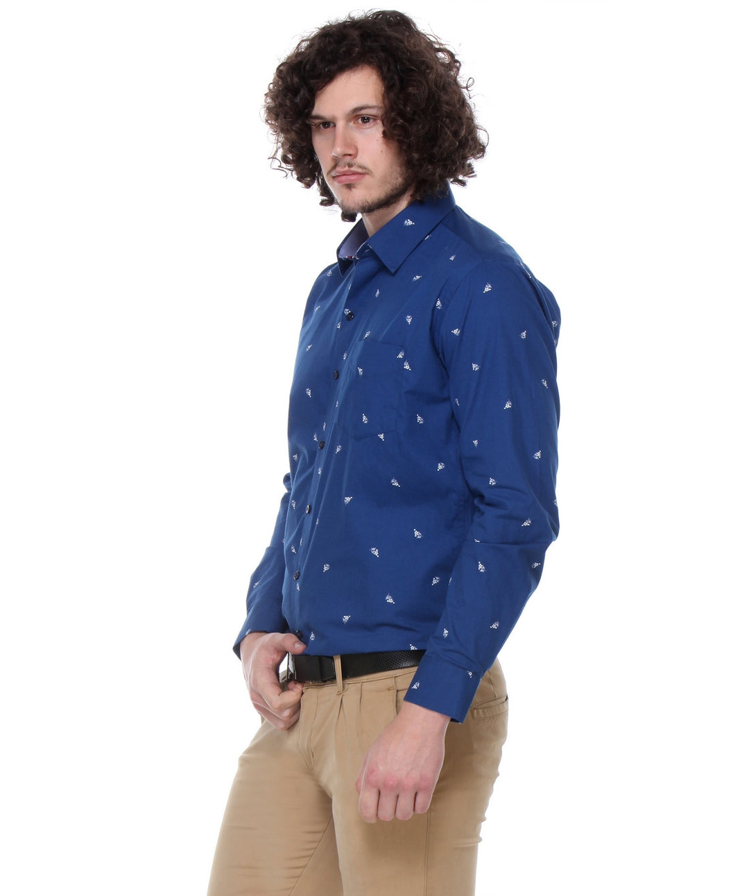 Men Blue Slim Fit Print Plain Pure Cotton Formal Shirt