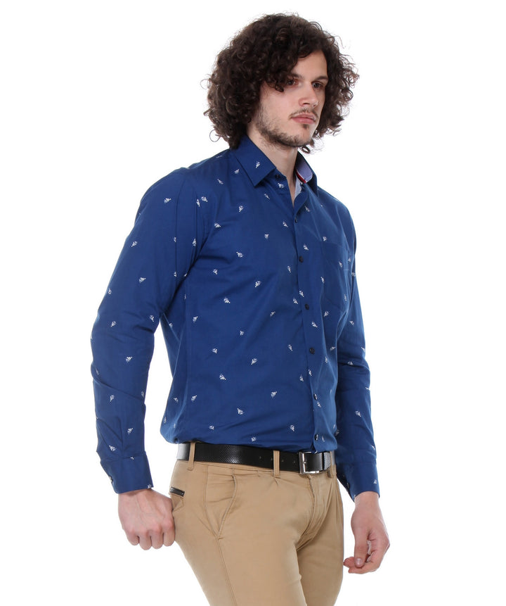 Men Blue Slim Fit Print Plain Pure Cotton Formal Shirt