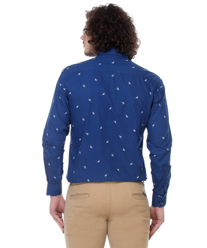 Men Blue Slim Fit Print Plain Pure Cotton Formal Shirt