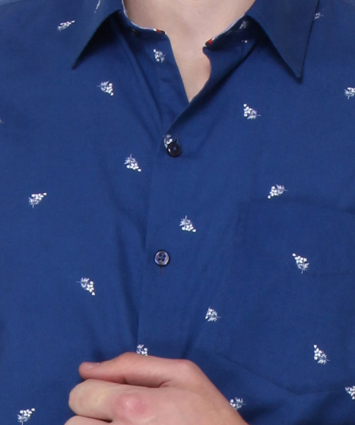 Men Blue Slim Fit Print Plain Pure Cotton Formal Shirt