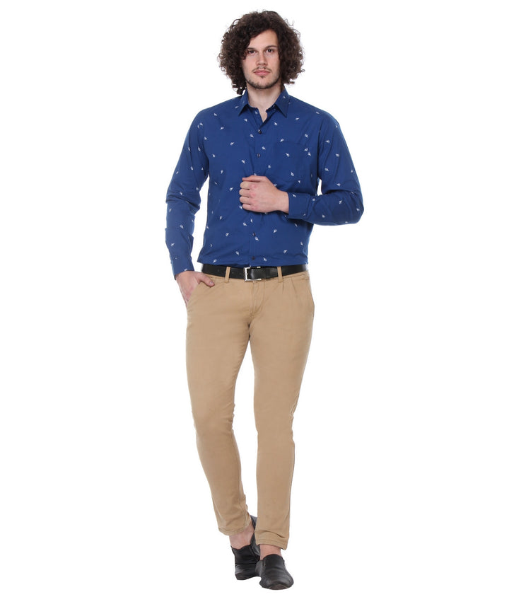 Men Blue Slim Fit Print Plain Pure Cotton Formal Shirt