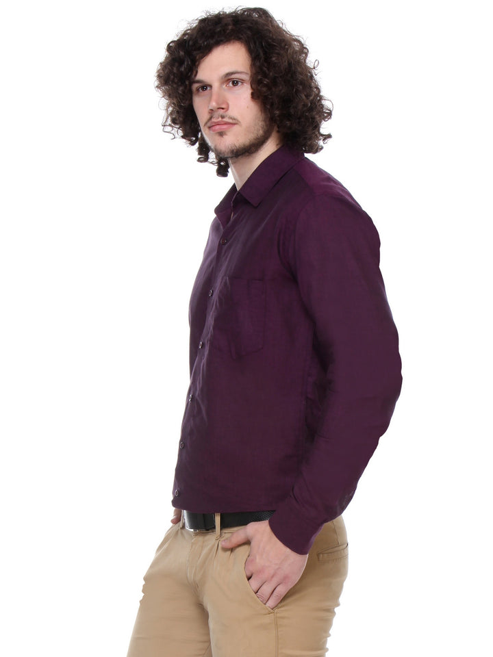 Men Wine Slim Fit Solid Chambray Cotton Linen Formal Shirt