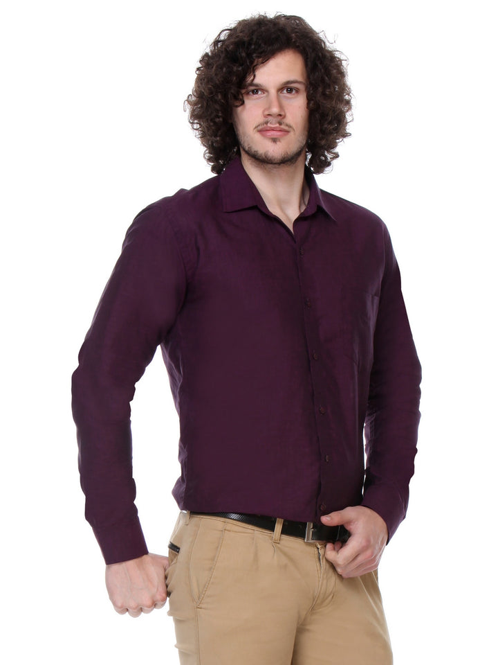 Men Wine Slim Fit Solid Chambray Cotton Linen Formal Shirt