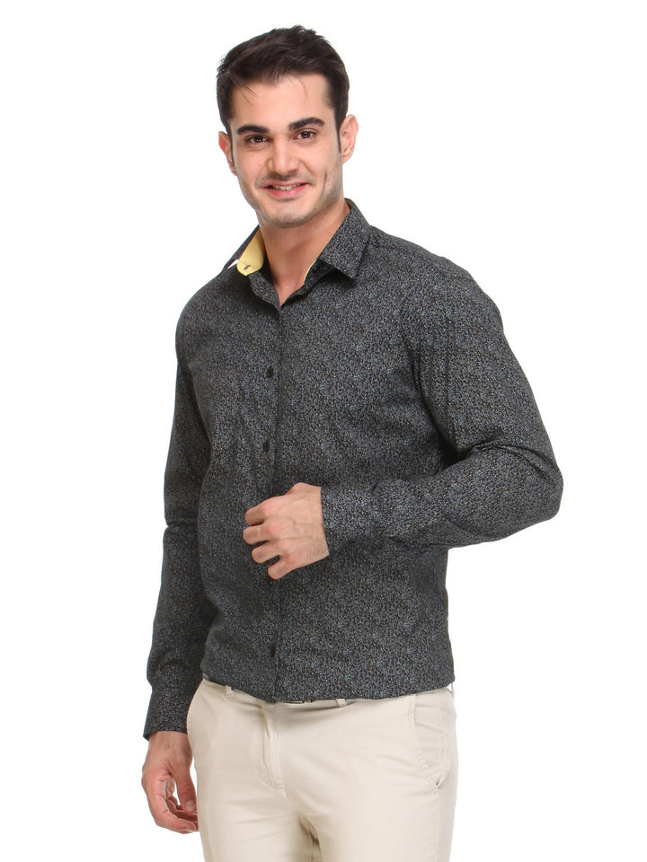 Men Black Slim Fit Print Satin Pure Cotton Formal Shirt
