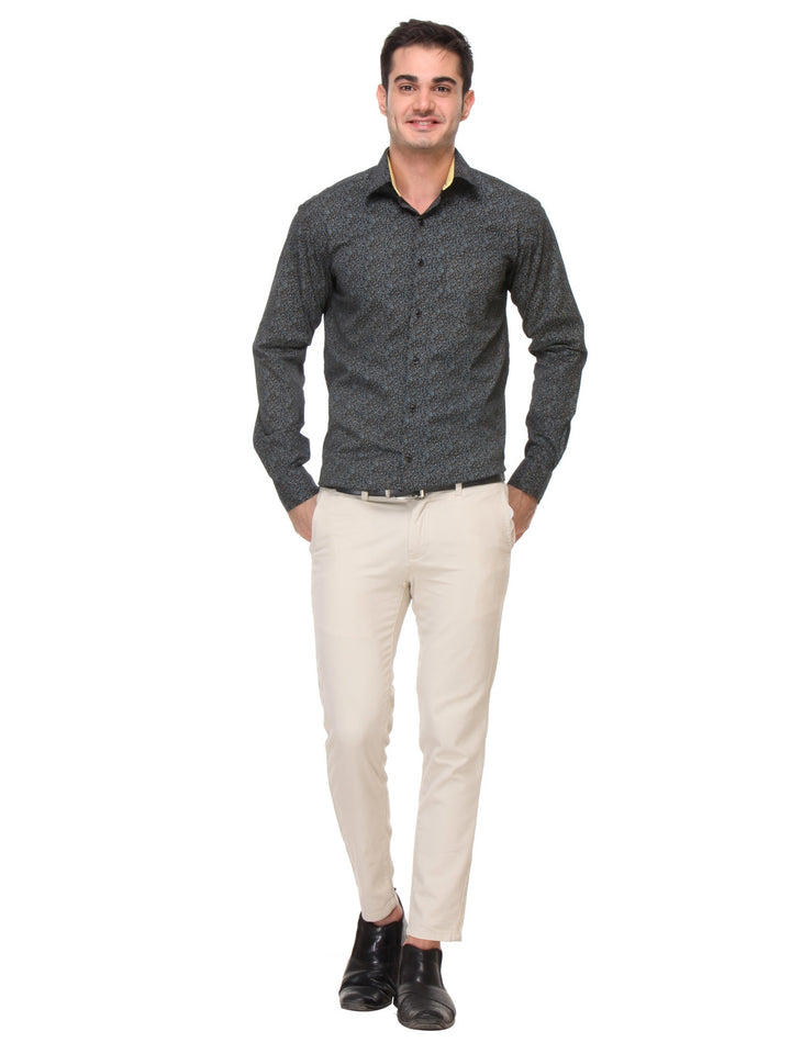 Men Black Slim Fit Print Satin Pure Cotton Formal Shirt