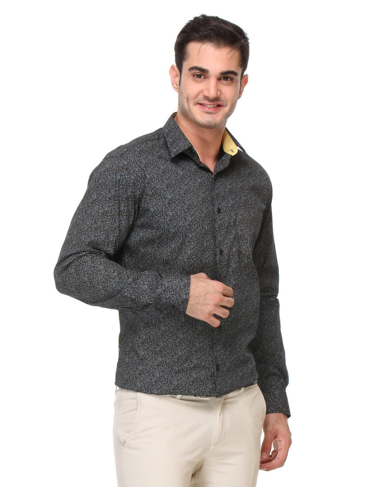 Men Black Slim Fit Print Satin Pure Cotton Formal Shirt