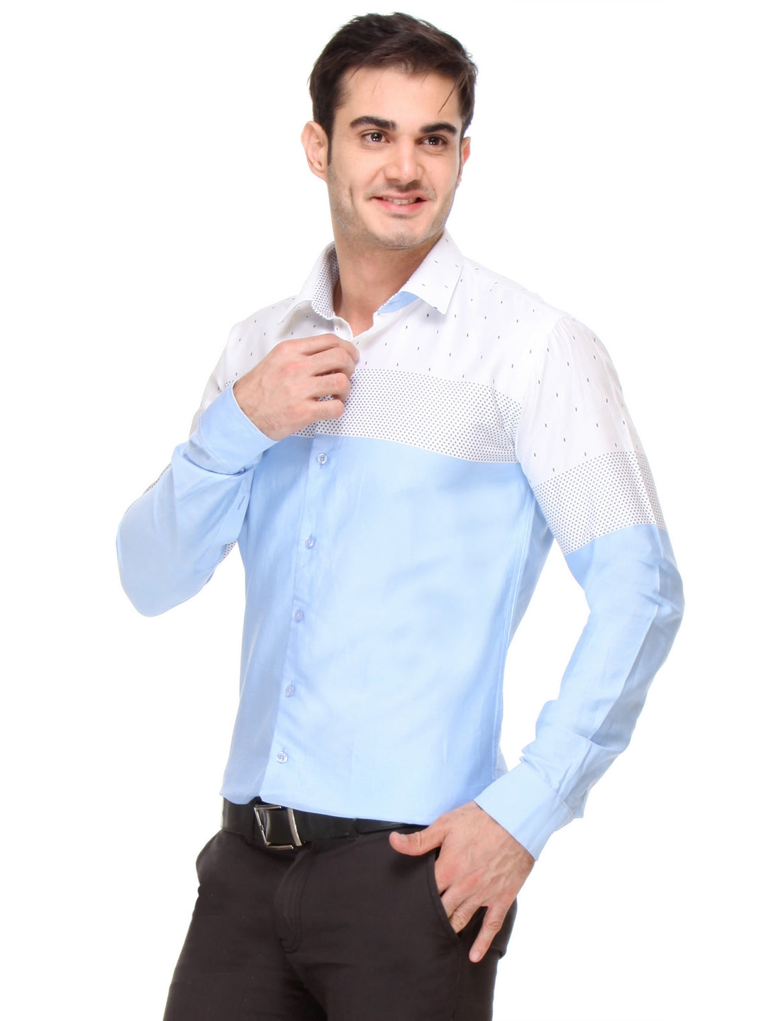 Men Blue and White Slim Fit Printed Satin Pure Cotton Formal Shirt