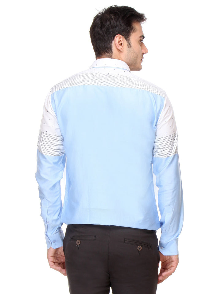 Men Blue and White Slim Fit Printed Satin Pure Cotton Formal Shirt