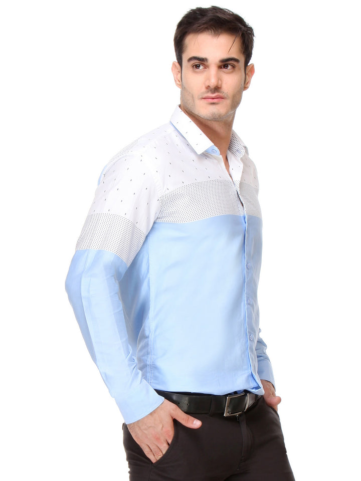Men Blue and White Slim Fit Printed Satin Pure Cotton Formal Shirt