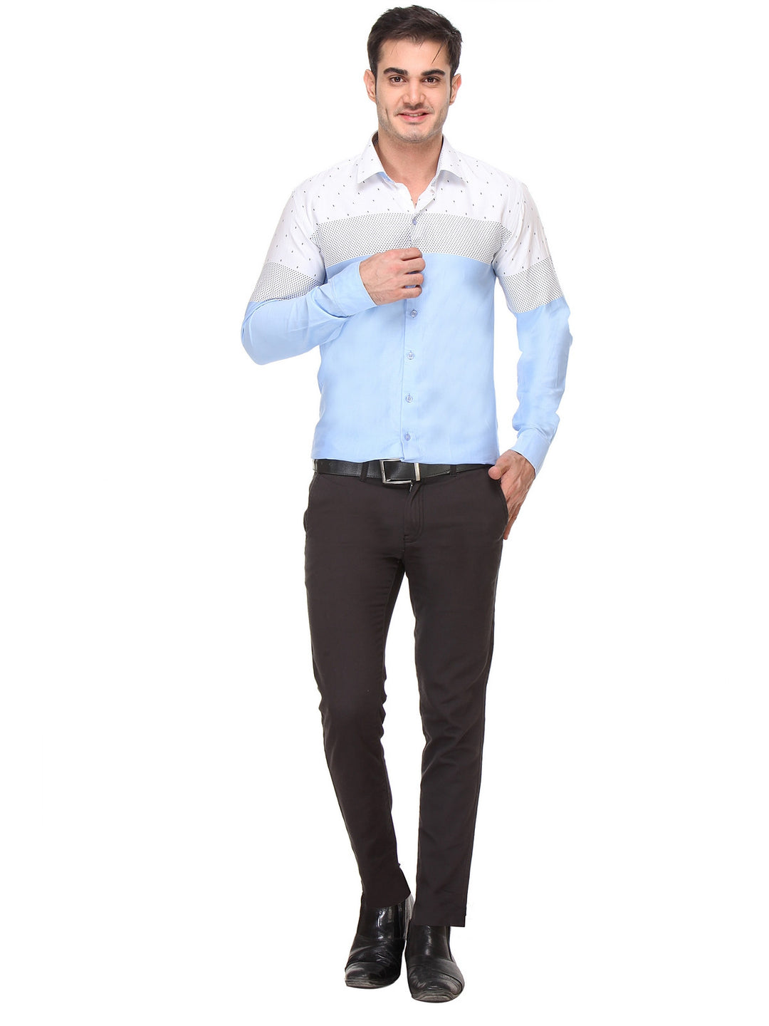 Men Blue and White Slim Fit Printed Satin Pure Cotton Formal Shirt
