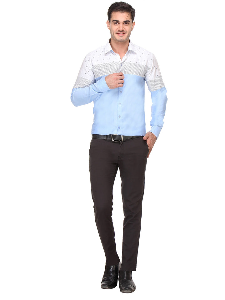 Men Blue and White Slim Fit Printed Satin Pure Cotton Formal Shirt