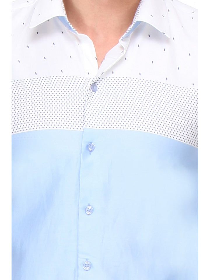 Men Blue and White Slim Fit Printed Satin Pure Cotton Formal Shirt