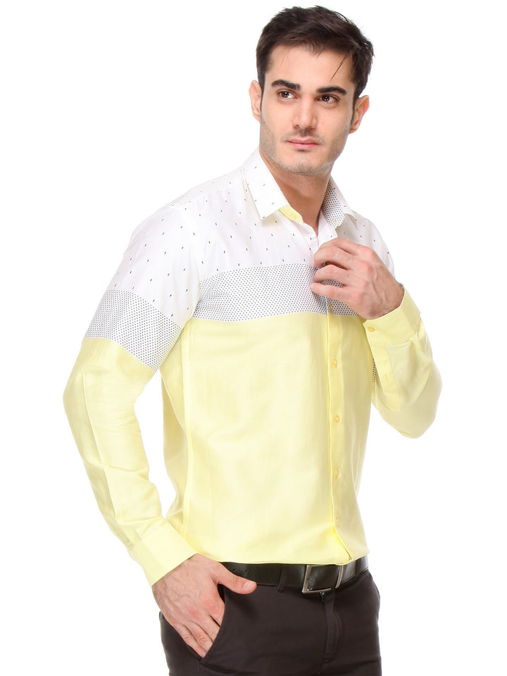 Men Yellow Slim Fit Printed Satin Pure Cotton Formal Shirt