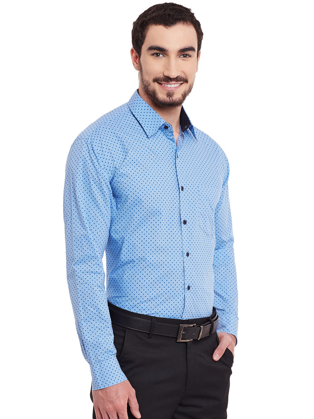 Men Blue Printed Pure Cotton Slim Fit Formal Shirt