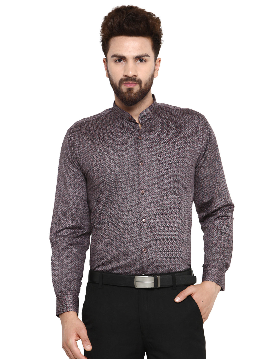 Men Wine and Navy Printed Pure Cotton Slim Fit Formal Shirt