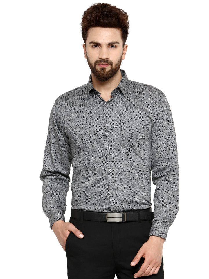Men Grey and Black Printed Pure Cotton Slim Fit Formal Shirt