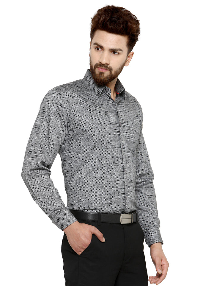 Men Grey and Black Printed Pure Cotton Slim Fit Formal Shirt