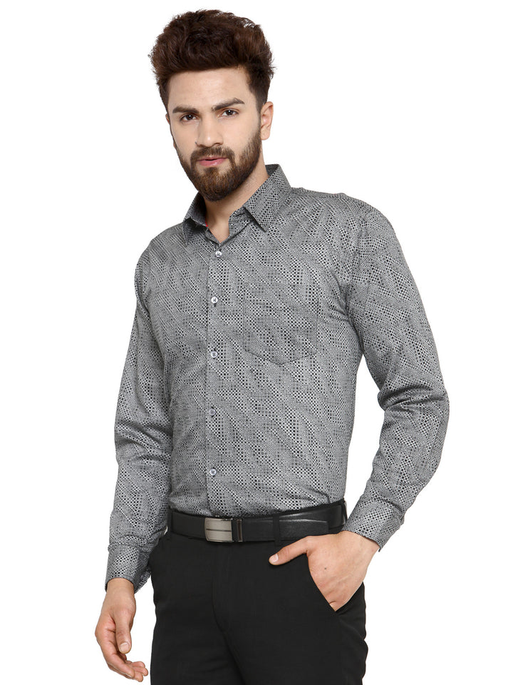 Men Grey and Black Printed Pure Cotton Slim Fit Formal Shirt