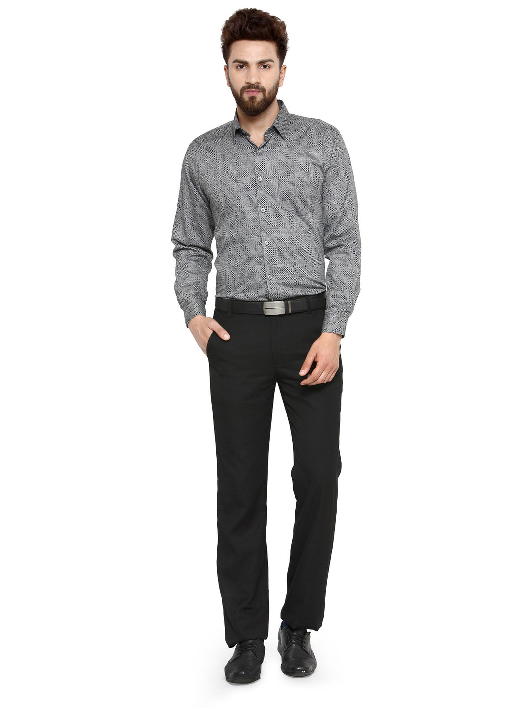 Men Grey and Black Printed Pure Cotton Slim Fit Formal Shirt