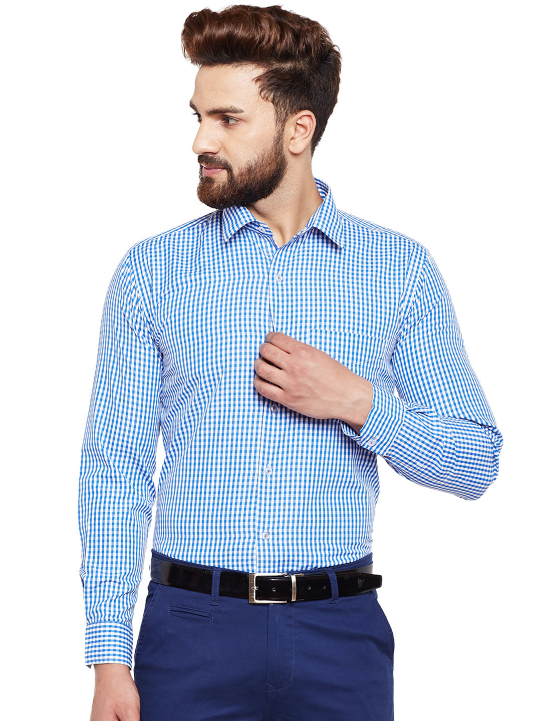 Men Blue Checked Slim Fit Formal Shirt