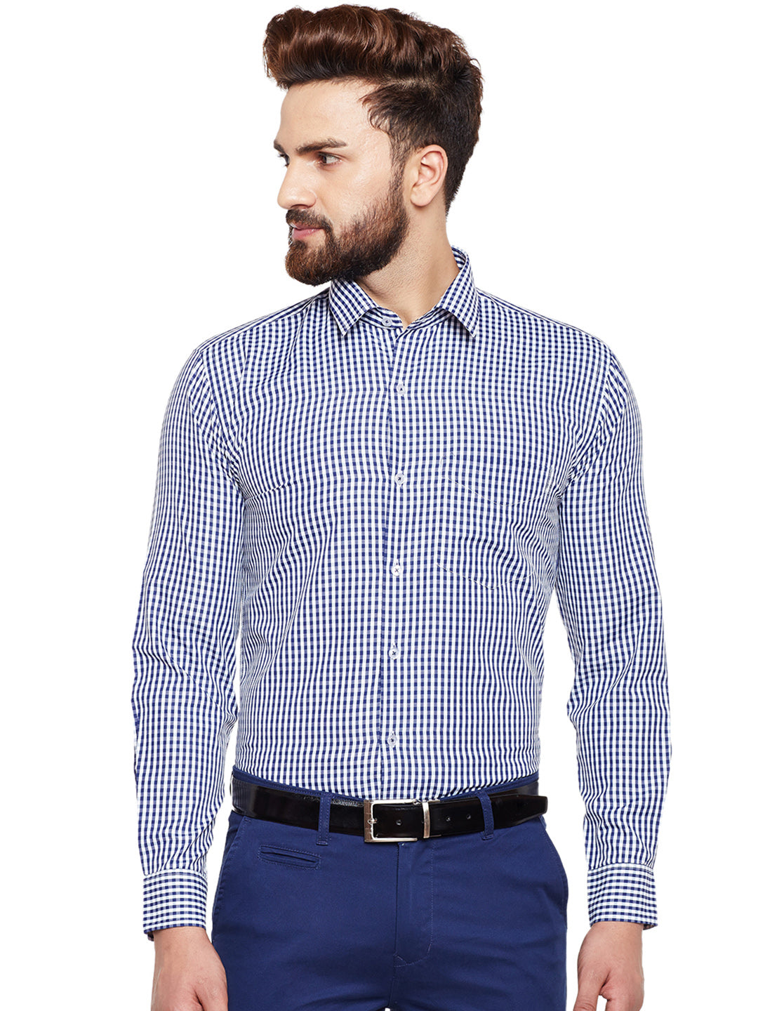 Men Navy Checked Slim Fit Formal Shirt