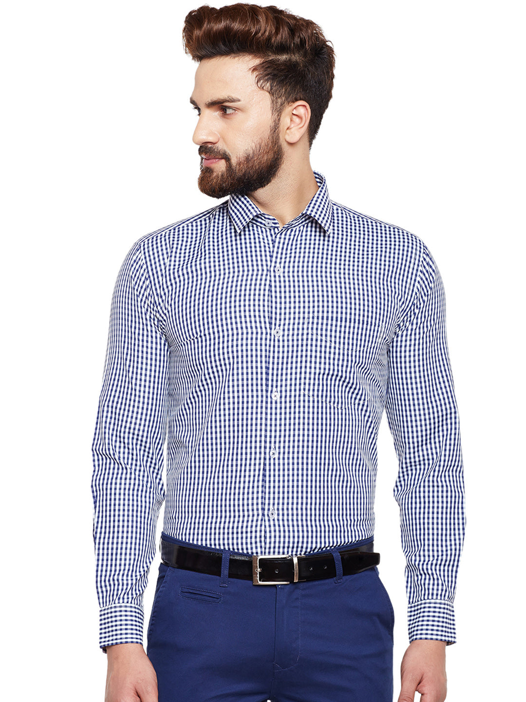 Men Navy Checked Slim Fit Formal Shirt