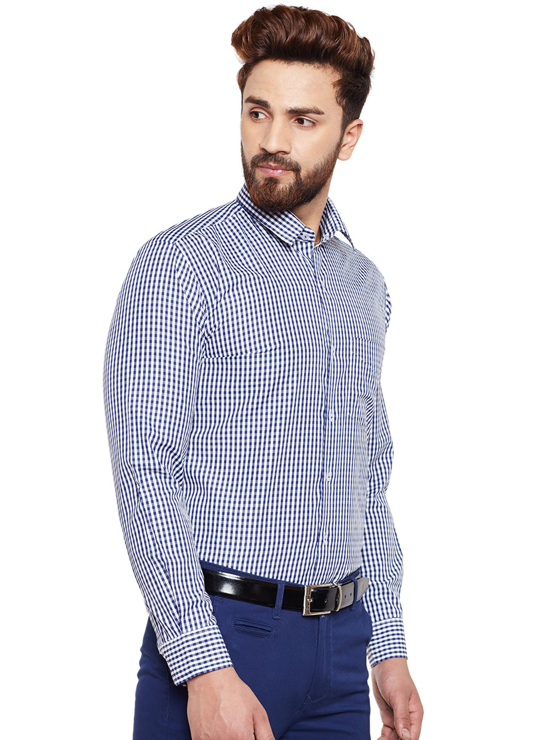 Men Navy Checked Slim Fit Formal Shirt