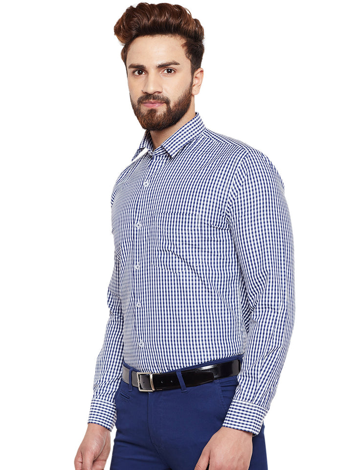 Men Navy Checked Slim Fit Formal Shirt