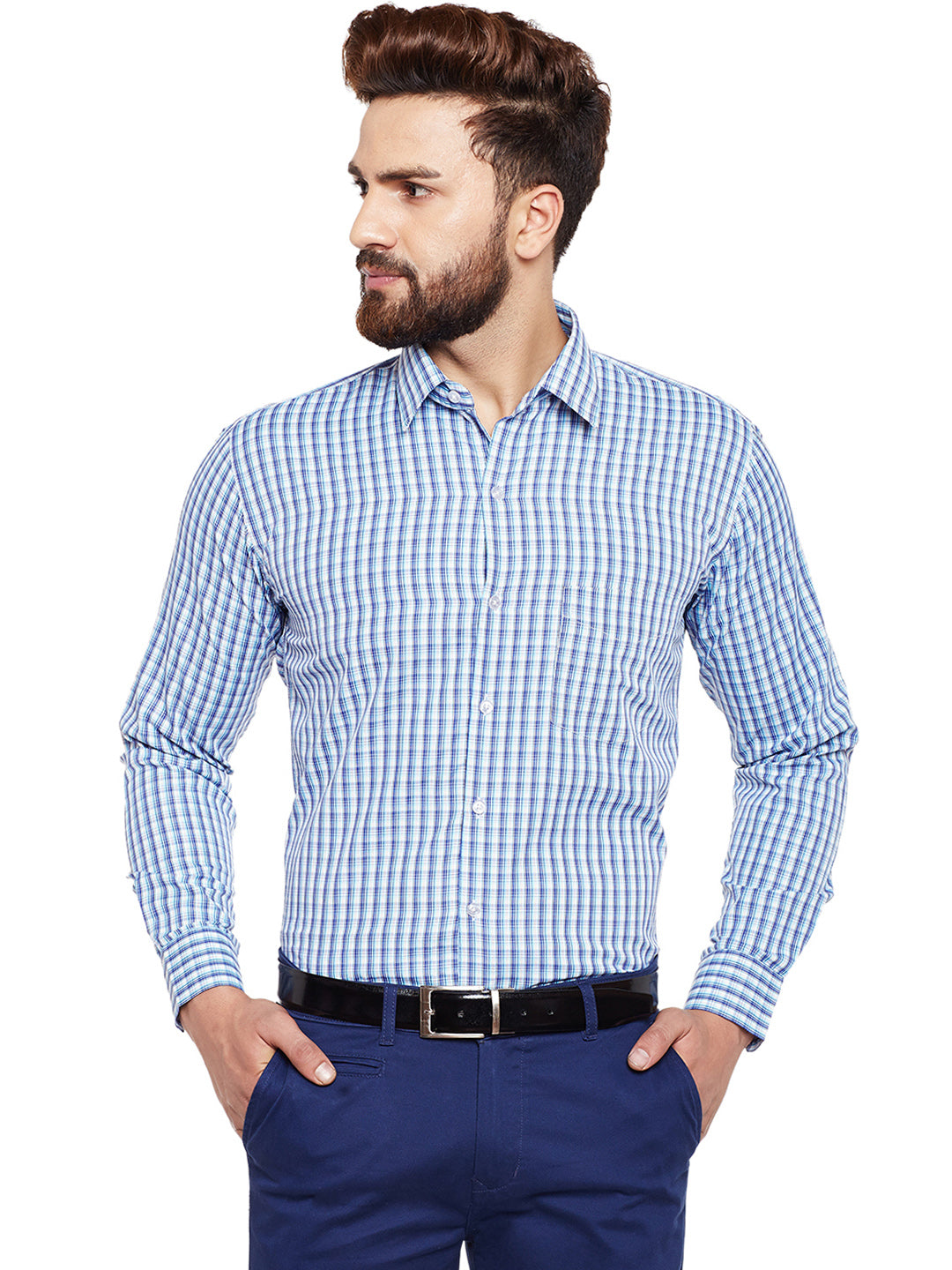 Men Blue Checked Slim Fit Formal Shirt