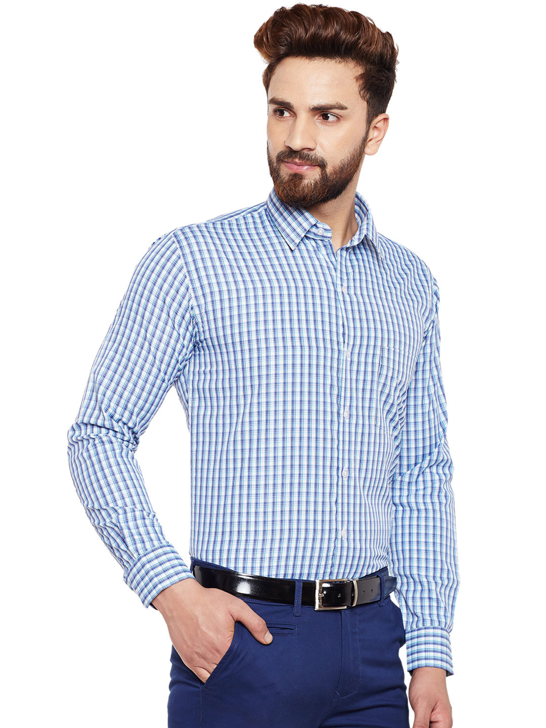 Men Blue Checked Slim Fit Formal Shirt