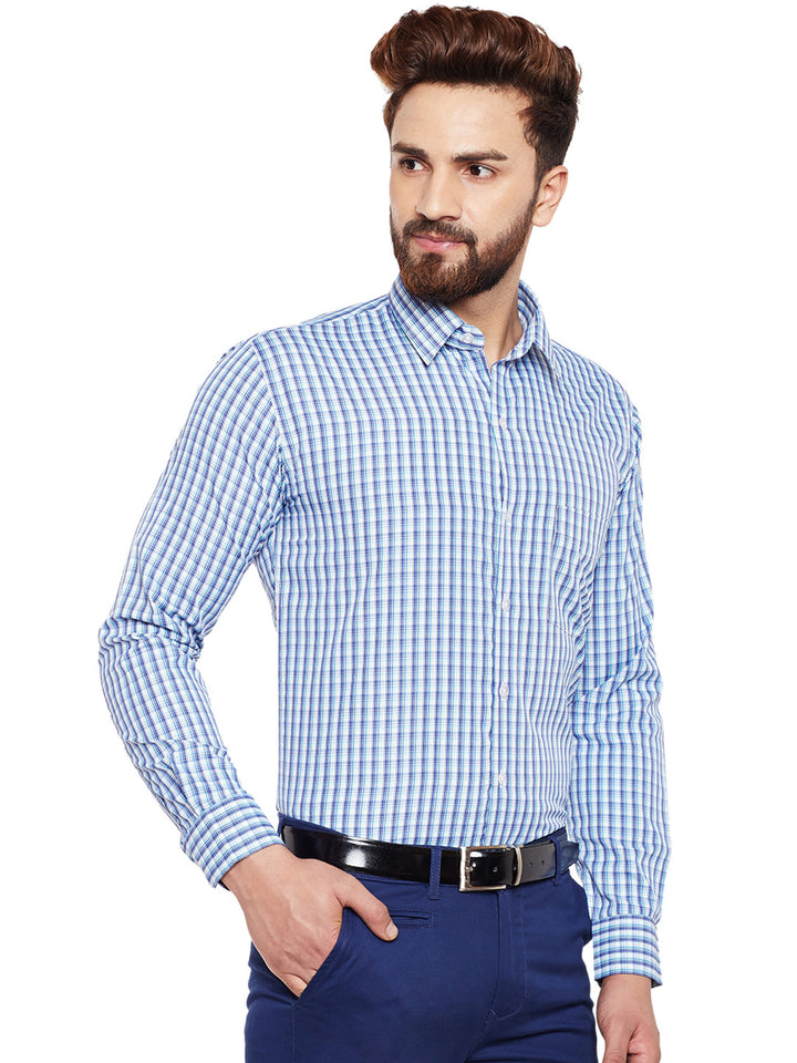 Men Blue Checked Slim Fit Formal Shirt