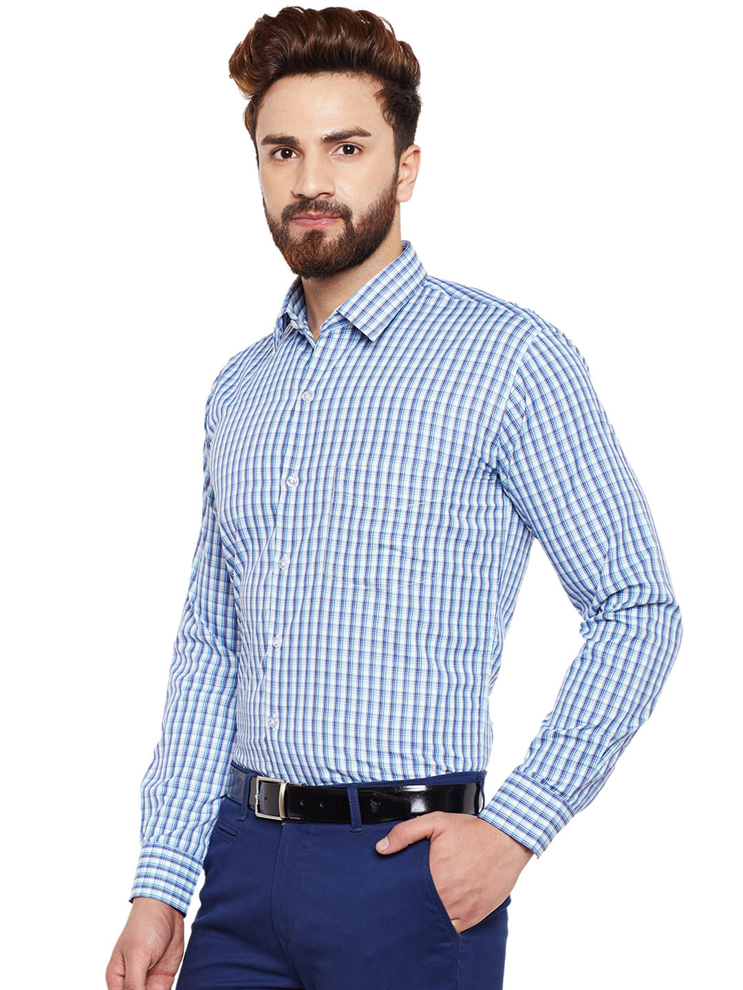 Men Blue Checked Slim Fit Formal Shirt