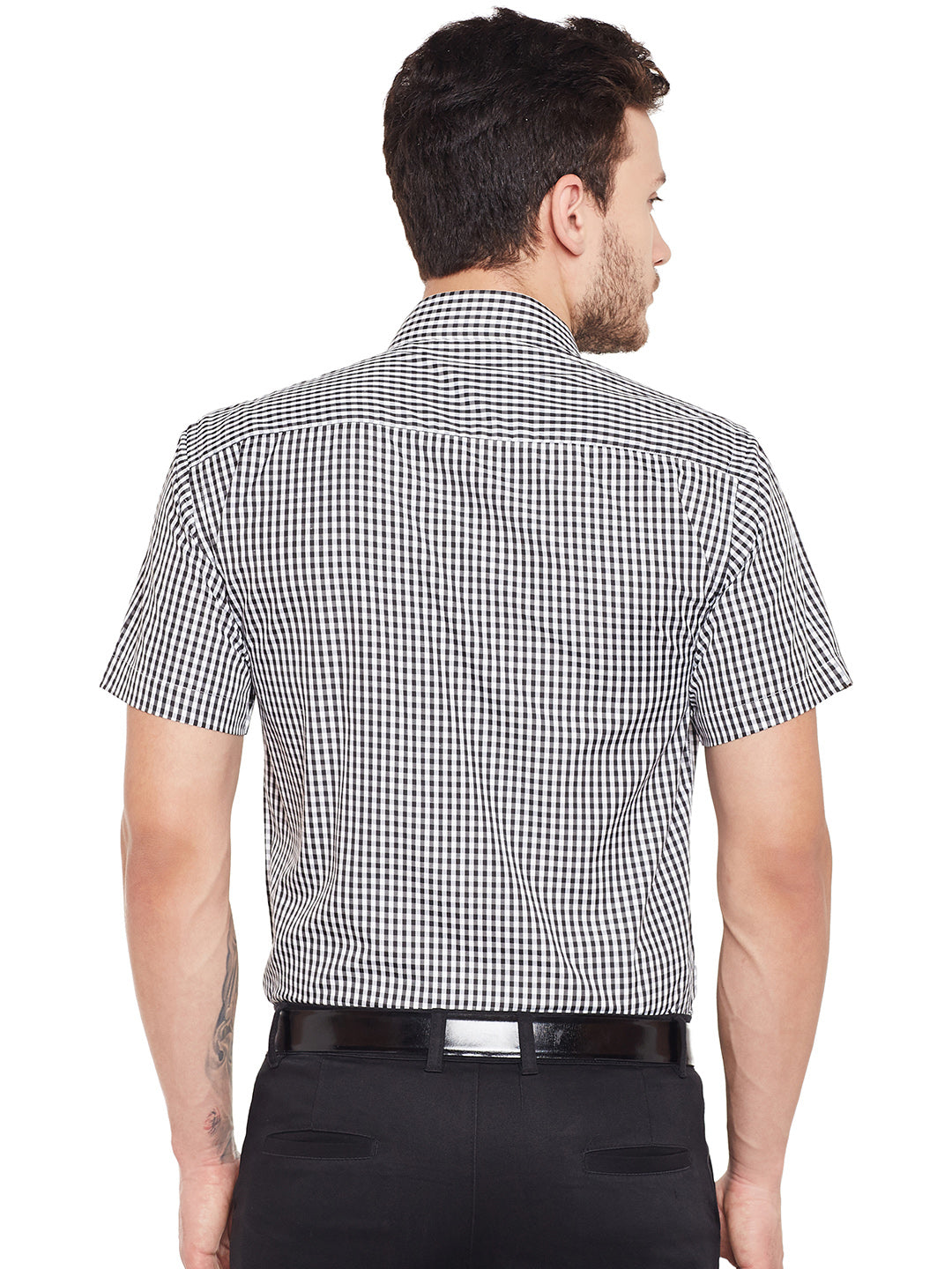 Men Black and White Gingham Checked Slim Fit Short Sleeve Formal Shirt