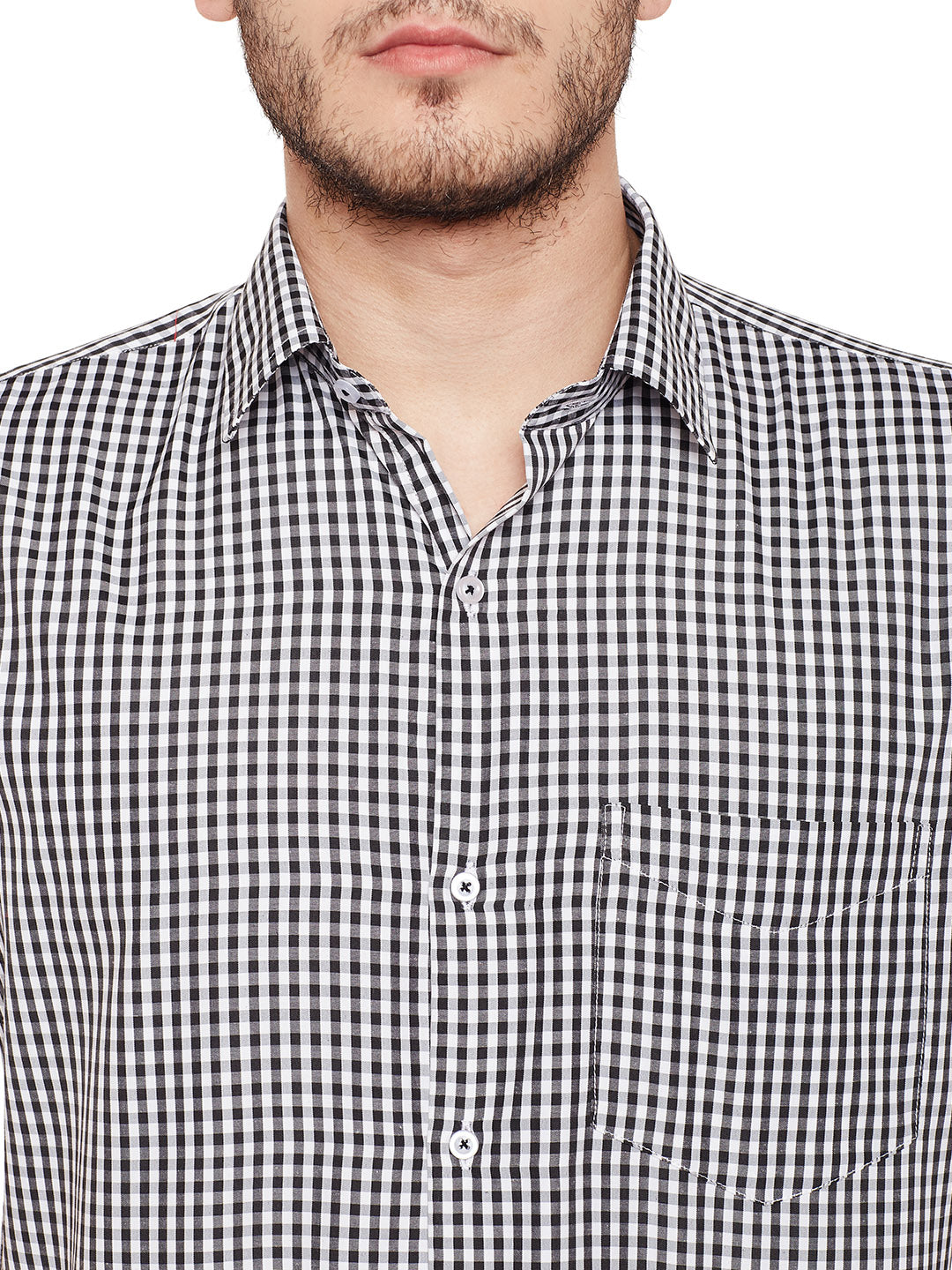 Men Black and White Gingham Checked Slim Fit Short Sleeve Formal Shirt