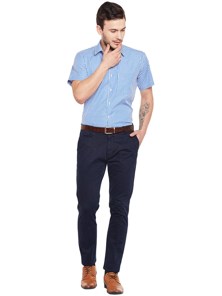 Men Blue and White Gingham Checked Slim Fit Short Sleeve Formal Shirt