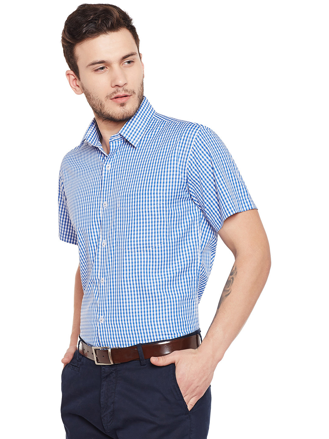 Men Blue and White Gingham Checked Slim Fit Short Sleeve Formal Shirt