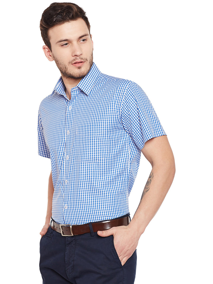 Men Blue and White Gingham Checked Slim Fit Short Sleeve Formal Shirt