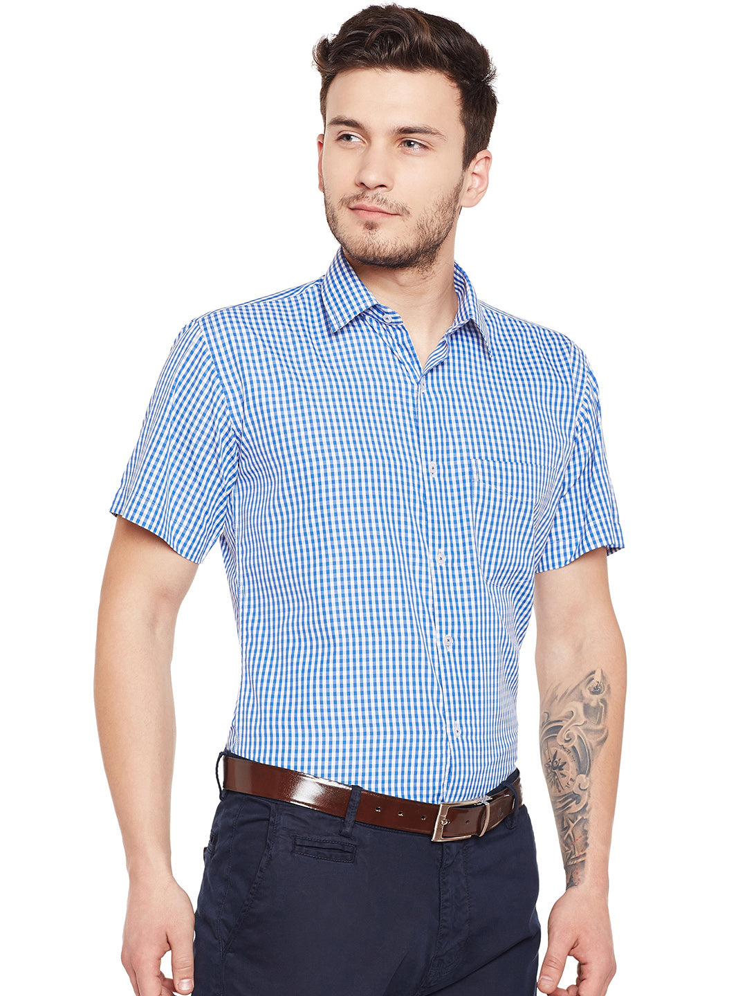 Men Blue and White Gingham Checked Slim Fit Short Sleeve Formal Shirt