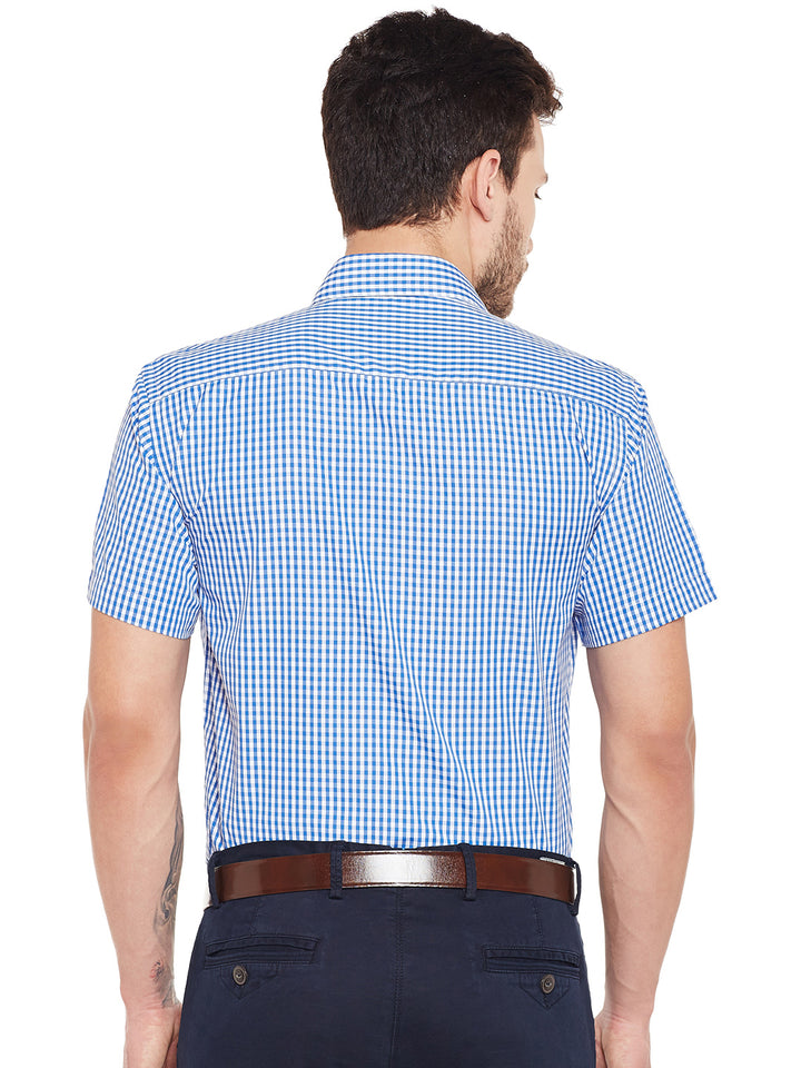 Men Blue and White Gingham Checked Slim Fit Short Sleeve Formal Shirt