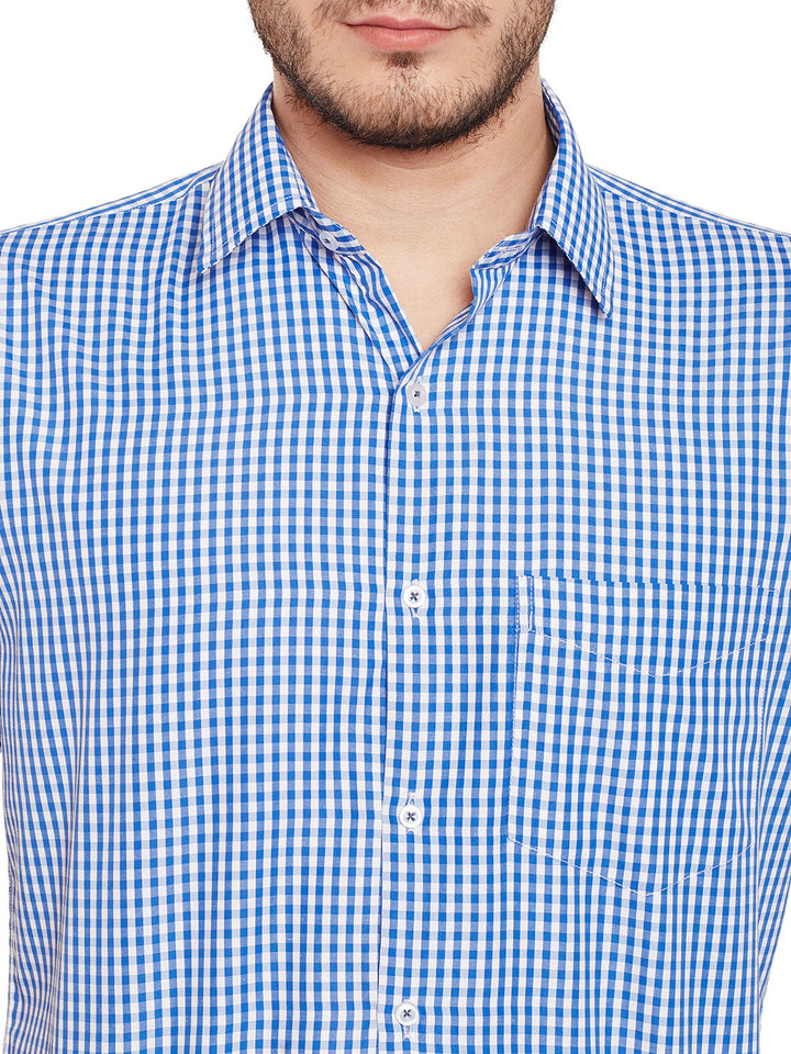 Men Blue and White Gingham Checked Slim Fit Short Sleeve Formal Shirt