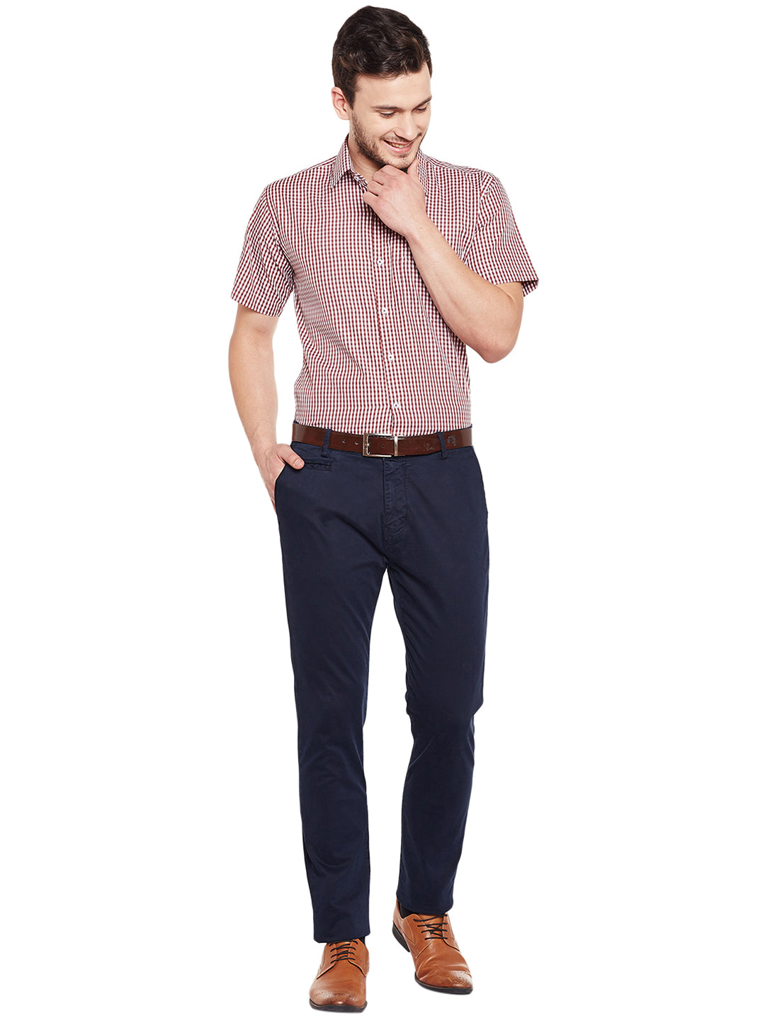 Men Maroon and White Gingham Checked Slim Fit Short Sleeve Formal Shirt