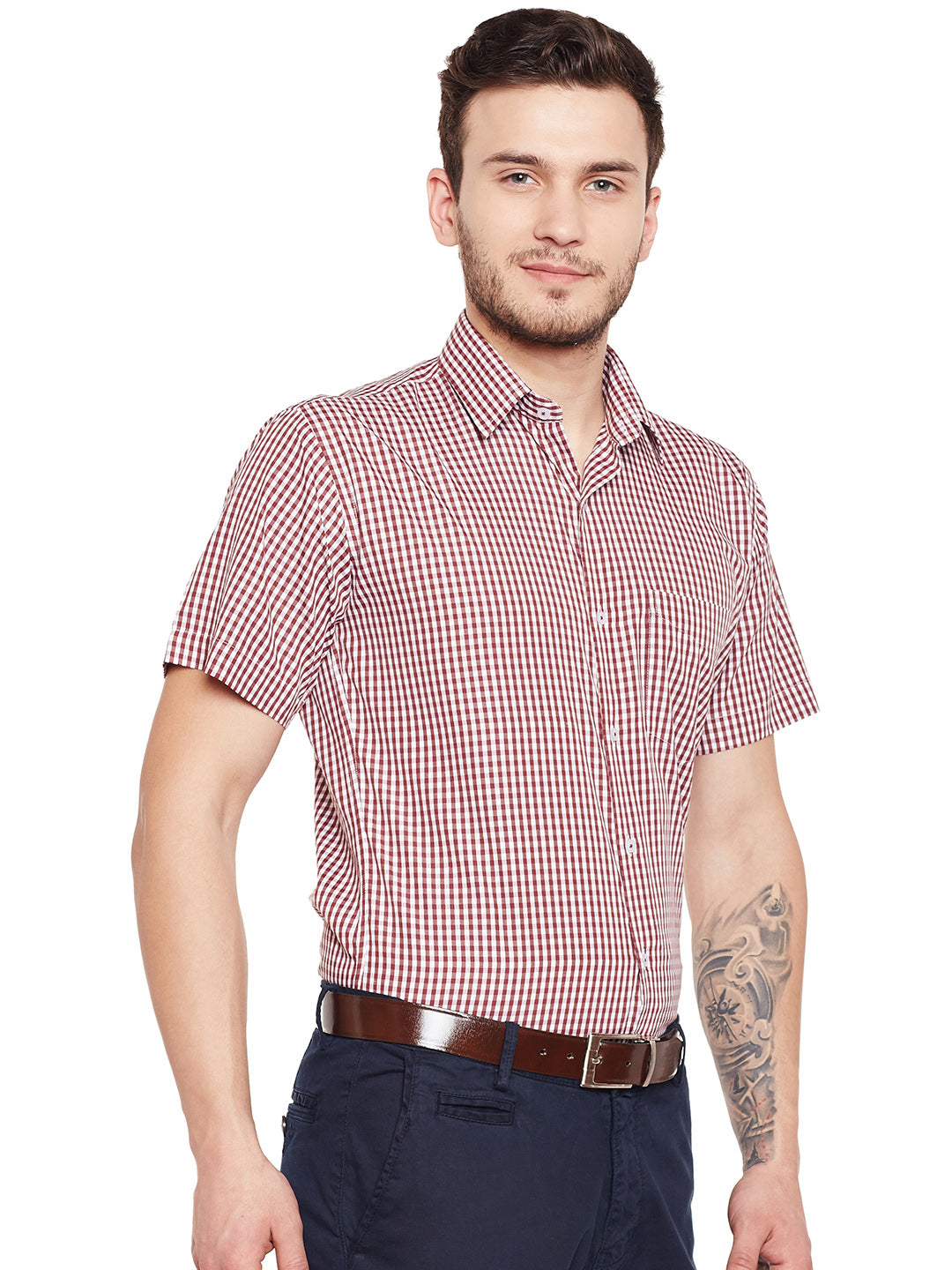 Men Maroon and White Gingham Checked Slim Fit Short Sleeve Formal Shirt