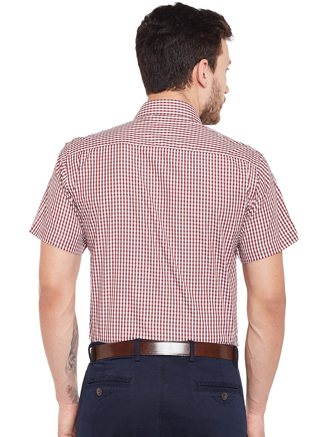 Men Maroon and White Gingham Checked Slim Fit Short Sleeve Formal Shirt