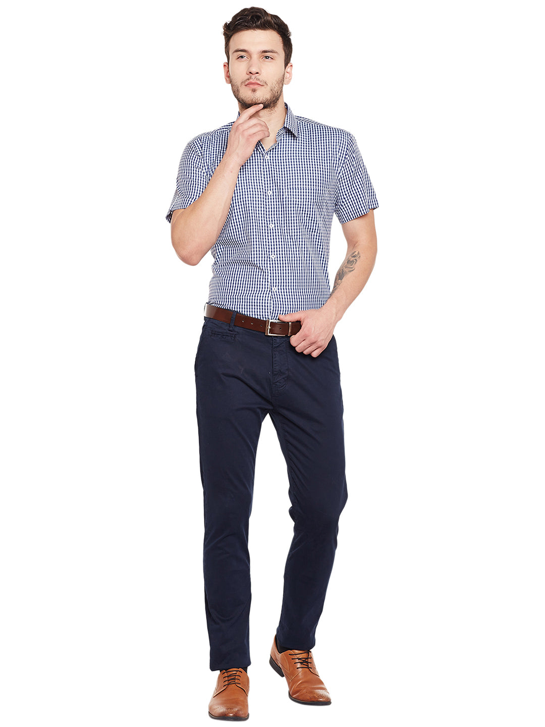 Men Navy Blue and White Gingham Checked Slim Fit Short Sleeve Formal Shirt