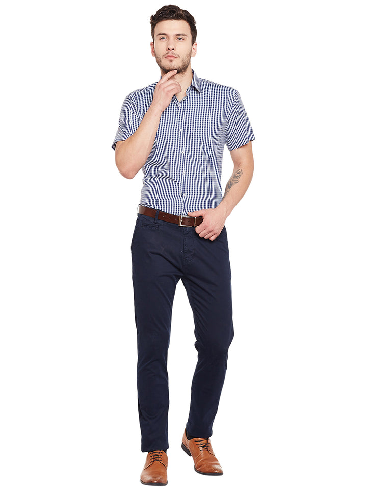 Men Navy Blue and White Gingham Checked Slim Fit Short Sleeve Formal Shirt