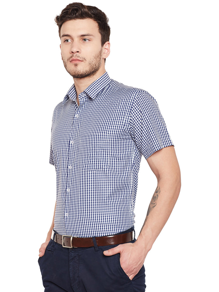 Men Navy Blue and White Gingham Checked Slim Fit Short Sleeve Formal Shirt
