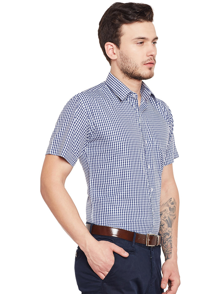 Men Navy Blue and White Gingham Checked Slim Fit Short Sleeve Formal Shirt